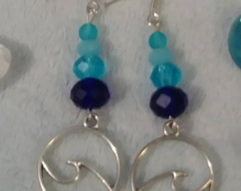 Ocean Wave Fin silver charm earrings blue beads