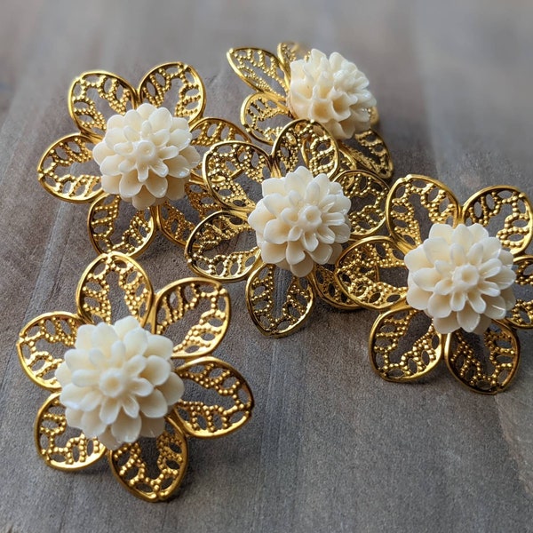 Queen of the Ball - Ivory Flower Golden Metal Filigree Pushpins Set of 5 Home Office, Baroque French Country Bulletin Cork Board Wall Pins