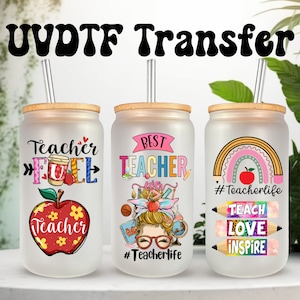 UVDTF Wrap Best Teacher Apple 16 oz canette gobelet en verre, durée de vie du professeur, prêt à poser, adhésif imperméable permanent