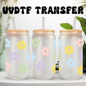 Vaso de vidrio para taza de 16 oz con diseño de flores retro, listo para aplicar, adhesivo permanente resistente al agua