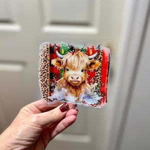 Décalcomanie UVDTF Vache des Highlands, Léopard de Noël pour canette, mug, prêt à poser, adhésif imperméable permanent