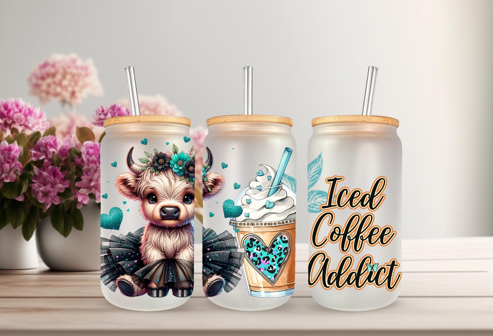 UVDTF Wrap Highland Cow Tutu Iced Coffee 16oz Can Glass Mug Tumbler ...