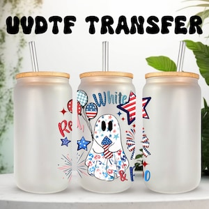 Décalcomanie UVDTF rouge blanc Boo Ghost, verre de boîte de 16 oz ou gobelet de 40 oz, fantôme patriotique, prêt à poser, adhésif imperméable permanent, ajouter sur une tasse