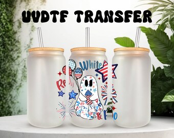 UVDTF Decal Red White Boo Ghost 16oz Can Glass or 40oz Tumbler, Patriotic ghost, Ready to Apply, Permanent Waterproof Adhesive, add on a cup