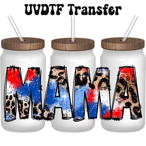 UVDTF Wrap Mama léopard rouge blanc bleu 16 oz canette gobelet, prêt à poser, adhésif imperméable permanent, ajout sur un verre de canette