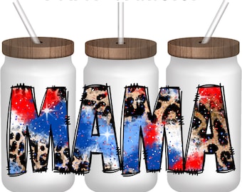 Envoltura UVDTF de Mama Leopard: vaso de vidrio rojo, blanco y azul de 16 oz