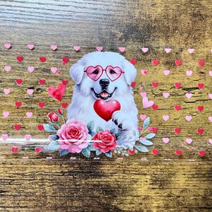 Adhesivo UVDTF para taza de vidrio de 16 oz, listo para aplicar, adhesivo permanente impermeable, diseño de corazones de San Valentín, perro de los Grandes Pirineos