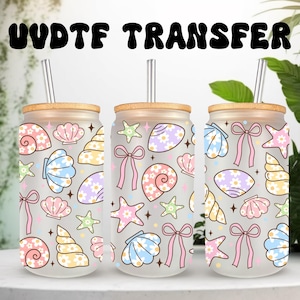UVDTF Wrap Pastel Seashells - Vaso de vidrio en lata de 16 oz, envoltura de conchas marinas, listo para aplicar, adhesivo permanente impermeable