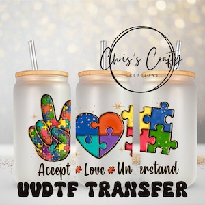 Emballage UVDTF pour la sensibilisation à l'autisme, Peace Love Understanding, boîte de 16 oz, gobelet en verre, emballage pour l'autisme, prêt à poser, adhésif imperméable permanent
