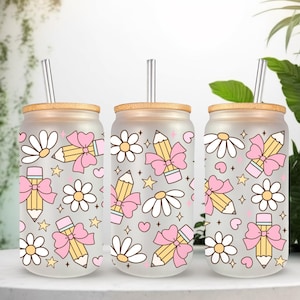 UVDTF Wrap Crayon pour professeur, boîte de 16 oz, tasse en verre, film pour professeur, prêt à poser, adhésif permanent imperméable, impression recto-verso