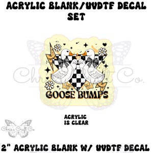 Può includere: Un disco acrilico trasparente da 5 cm con uno sfondo a scacchi bianco e nero e due oche di cartone animato con il testo "GOOSE BUMPS" in nero. Il testo "ACRYLIC IS CLEAR" è sotto l'immagine.