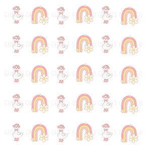May include: A repeating pattern of cartoon geese wearing hats and shoes, alternating with rainbows and flowers. The geese are white with pink accents, the rainbows are pink and yellow, and the flowers are white with yellow centers.