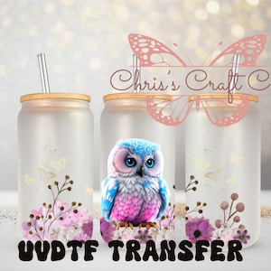 Tazza in vetro con gufo e farfalle colorate UVDTF Wrap da 16 once, pronta per l'applicazione, adesivo permanente impermeabile, da aggiungere a una tazza