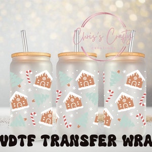 Maison en pain d'épice UVDTF pour boîte de 16 oz, mug ou gobelet en verre, papier peint de Noël, prêt à poser, adhésif permanent imperméable