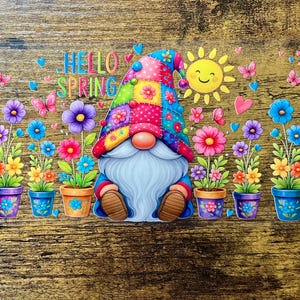 UVDTF Wrap Gnom Hallo Frühling 16 Unzen Dose Glas Becher Tumbler Wrap, Gnome Wrap, bereit zu gelten, permanenter wasserdichter Klebstoff