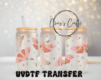 Boho Moth Celestial UV DTF Wrap, 16oz Glass Can Cup Decal, Mystical Sticker