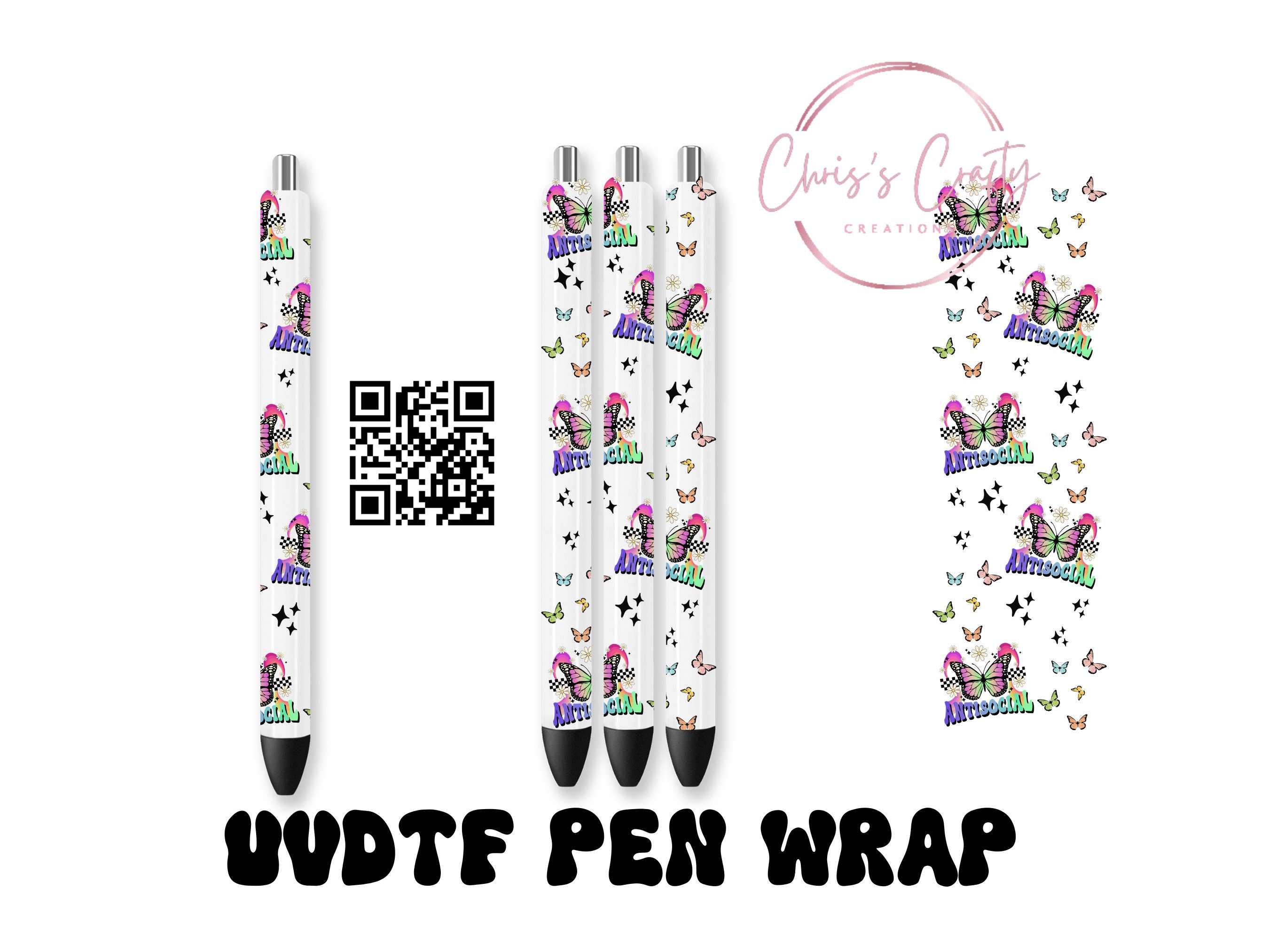 UVDTF Pen Wrap Antisocial Butterfly, Permanent Adhesive Waterproof, Ready to apply