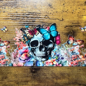 Skull Floral Butterfly UVDTF Wrap, 16oz Can Glass Transfer, Permanent Cup Decal