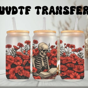 UVDTF Wrap Skeleton Reading Books, Floral 16 oz, boîte de 16 oz, tasse en verre, prêt à poser, adhésif permanent, option recto-verso