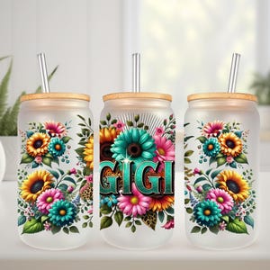 Emballage UVDTF Floral Gigi pour boîte de 16 oz, gobelet en verre, emballage grand-mère, prêt à poser, adhésif imperméable permanent