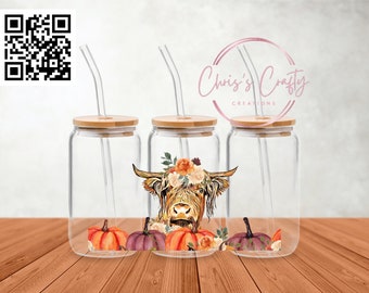 UVDTF Wrap Highland Cow Fall Pumpkins for 16oz Can Glass Mug Tumbler, Ready to apply, Permanent Waterproof Adhesive