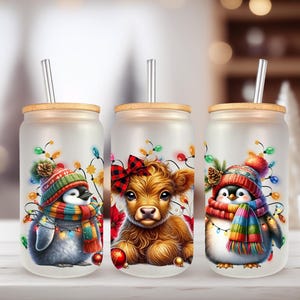 Emballage UVDTF Highland Cow Penguins boîte de 16 oz, tasse en verre, emballage de Noël, prêt à poser, adhésif permanent, impression recto-verso