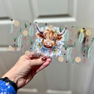 UVDTF Wrap guirlande d'hiver vache Highland pour boîte de 16 oz, gobelet en verre, pellicule de vache, prête à poser, adhésif imperméable permanent