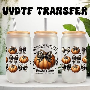 UVDTF Wrap Spooky Witch Social Club Coquettes Noeuds 16 oz Boîte en verre, Mug, Gobelet, Option d'impression recto-verso, Prêt à poser,