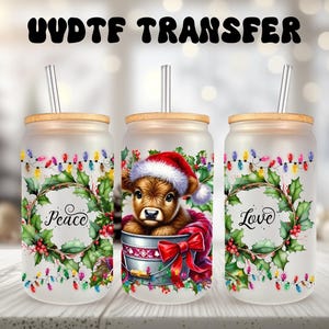 Emballage UVDTF Highland Cow Peace Love boîte de 16 oz, gobelet en verre, emballage de Noël, prêt à poser, adhésif permanent
