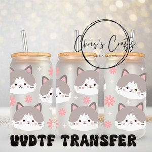 UVDTF-wrap Cute Cats grijswit 16oz blikje glazen mok beker, kattenwrap, klaar om aan te brengen, permanente waterdichte lijm, dubbelzijdige optie