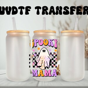 Sticker UVDTF Ghost Spooky Mama, canette de 16 oz, gobelet ou mug en verre de 40 oz, prêt à poser, adhésif imperméable permanent, à ajouter sur une tasse