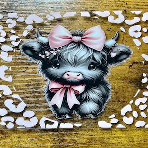 Emballage UVDTF vache Highland rose noeud imprimé léopard boîte de 16 oz, tasse en verre, emballage gobelet, emballage d'oies, prêt à appliquer, adhésif permanent
