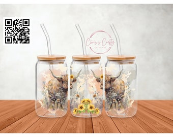 May include: Three clear glass tumblers with bamboo lids and straws. Each tumbler features a watercolor design of a Highland cow with wildflowers and sunflowers.
