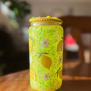 Lemon Daisy Glitter Can Glass with Bling Lid - 16 oz Snow Globe Cup