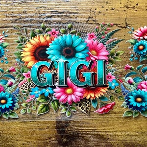 Adhesivo UVDTF Floral Gigi para taza de vidrio de 16 oz, envoltura para abuela, listo para aplicar, adhesivo permanente a prueba de agua