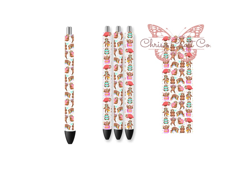May include: White pens with a repeating pattern of cartoon sloths in various poses, wearing hats and accessories. The pens have black ink tips and silver accents. The image also includes a butterfly graphic with the text "Chris Craft Co."