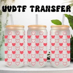 UVDTF Wrap Heart, boîte de 16 oz pour la Saint-Valentin, gobelet en verre, papier Saint-Valentin, prêt à poser, adhésif imperméable permanent