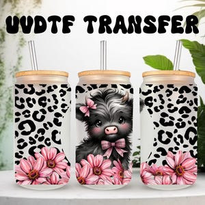 Emballage UVDTF Vache Highland Daisy Imprimé léopard Boîte de 16 oz, Mug en verre, Emballage gobelet, Emballage oies, Prêt à appliquer, Adhésif permanent