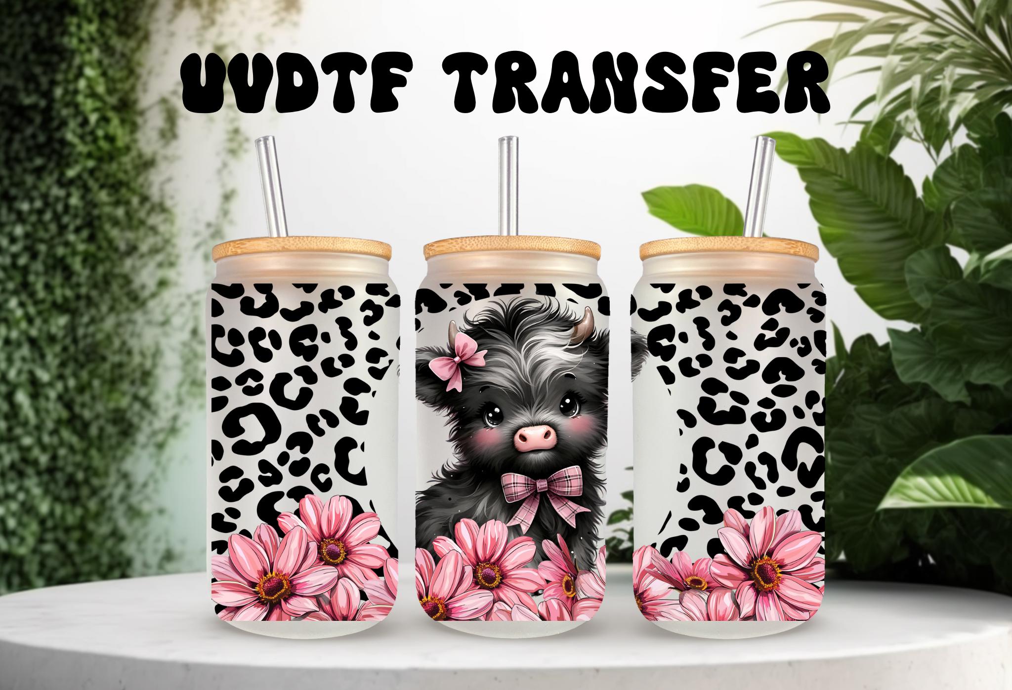 UVDTF Wrap Highland Cow Daisy Leopard Print 16oz Can Glass Mug Tumbler ...