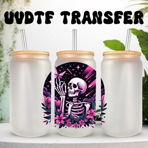 Décalcomanie UVDTF squelette floral papillon 16 oz en verre ou verre de 40 oz, prêt à poser, décalcomanie squelette, adhésif permanent
