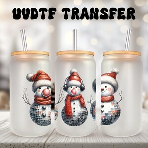 Emballage UVDTF Bonhommes de neige disco, boîte de 16 oz, gobelet en verre, emballage de bonhomme de neige, prêt à poser, adhésif imperméable permanent, option double face