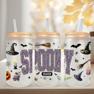 Emballage UVDTF Spooky Season chapeau de sorcière, balais, boîte de 16 oz, gobelet en verre, emballage d'Halloween, prêt à poser, adhésif imperméable permanent