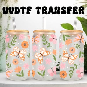 Emballage UVDTF Floral Butterfly 16 oz, boîte en verre, gobelet, emballage papillon, prêt à poser, adhésif permanent, option recto-verso