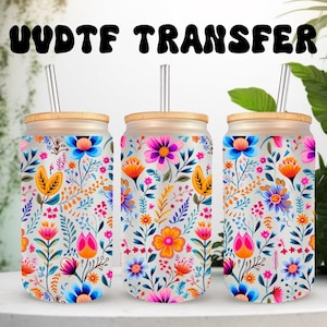 UVDTF-omslag Boho-bloem voor 16oz-blik glazen mok beker, bloemenomslag, klaar om aan te brengen, permanente waterdichte lijm