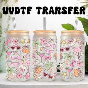 UVDTF Wrap Girly Flamingo Strände 16 Unzen Dose Glasbecher Becher, bereit zu gelten, permanent klebend, auf einer Tasse hinzufügen