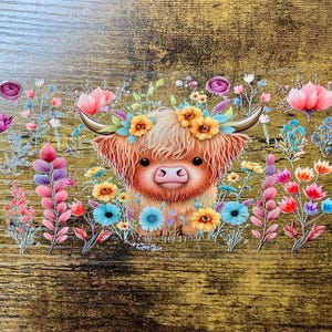 UVDTF Wrap Highland Cow Flowers 16oz Can Glass Mug Tumbler, Ready to Apply, Permanent Waterproof Adhesive