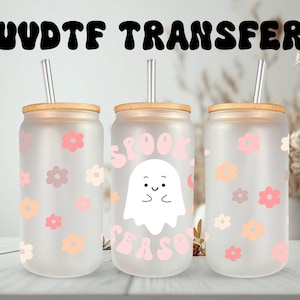 Emballage UVDTF Ghost Spooky Season Halloween 16 oz canette en verre, mug, gobelet, emballage Ghost Boho, prêt à poser, adhésif imperméable permanent