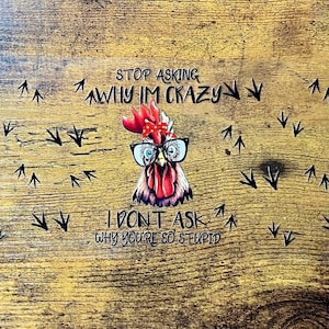 UVDTF Wrap Chicken Deja de preguntar por qué estoy loco, envoltura sarcástica y divertida, lista para aplicar, adhesivo permanente a prueba de agua, paquete y ahorro