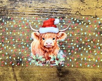 UVDTF Wrap Santa Highland Cow Christmas Lights 16oz Can Glass Mug or Tumbler, Christmas Wrap, Ready to apply , Permanent Waterproof Adhesive