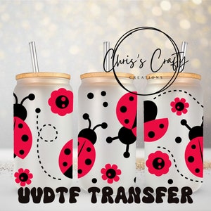 Tazza in vetro con coccinella rossa UVDTF, da 16 once, pronta per l'applicazione, adesivo permanente impermeabile, da aggiungere a una tazza.